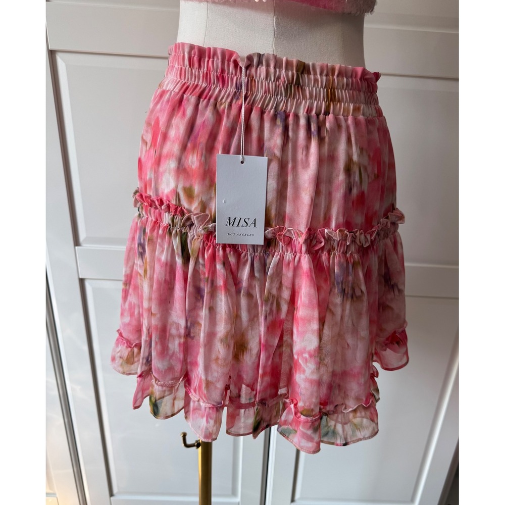MISA Los Angeles Danae Pink Watercolor Floral Ruffle Mini Skirt Smock Waist NWT